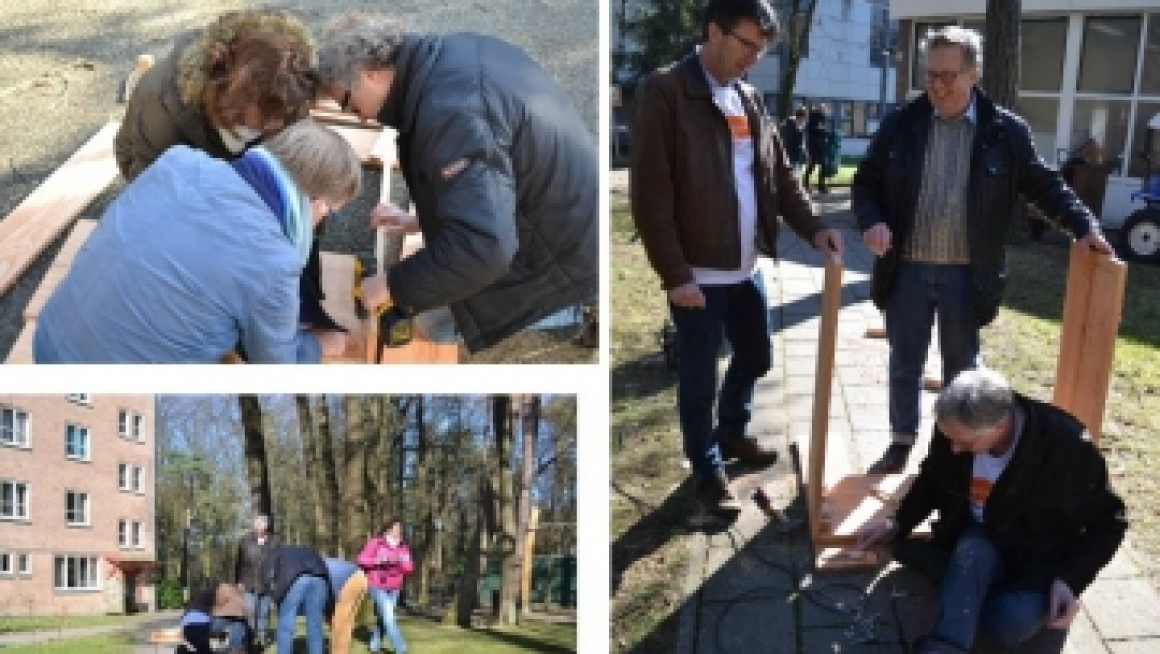 verschillende foto's van mensen aan het werk in een moestuin