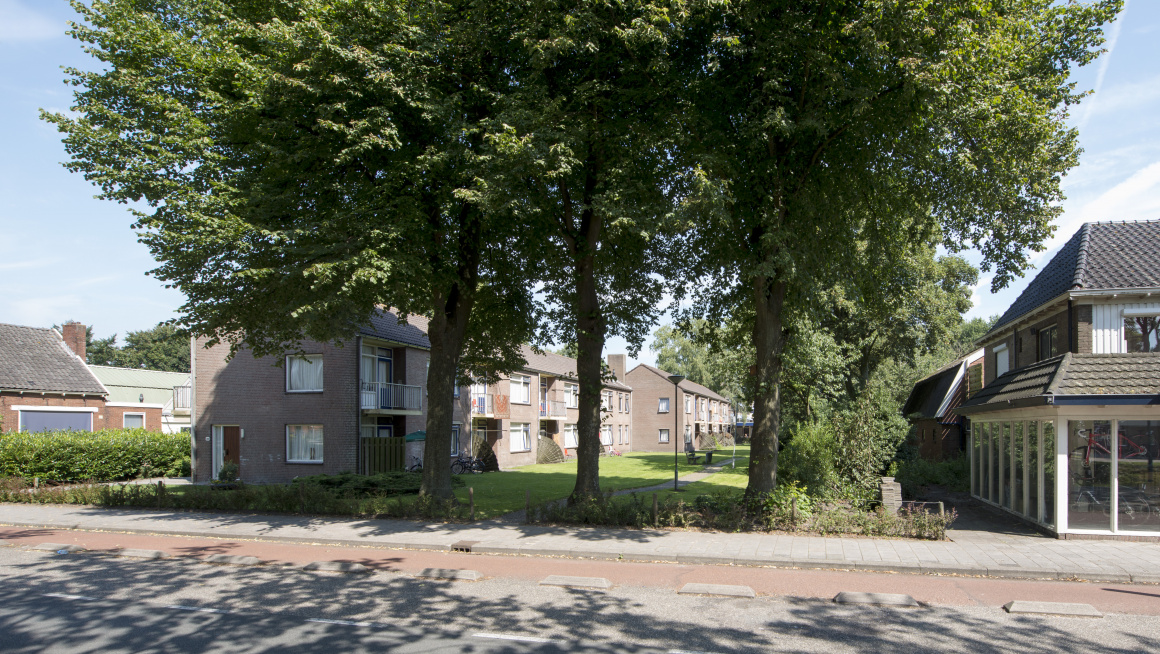 woongebouwen met twee verdiepingen met rondom gras, struiken en bomen en daarlangs een weg met fietspad