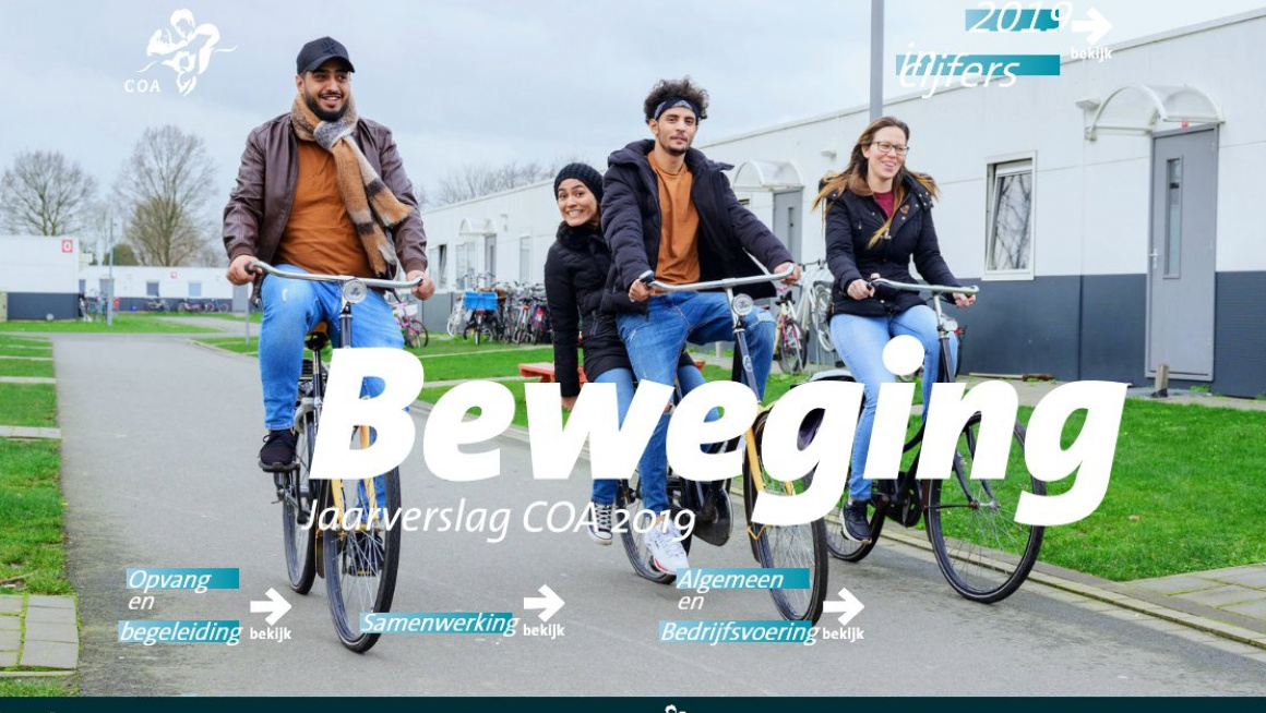 De cover van het jaarverslag met fietsende asielzoekers op het azc in Rotterdam