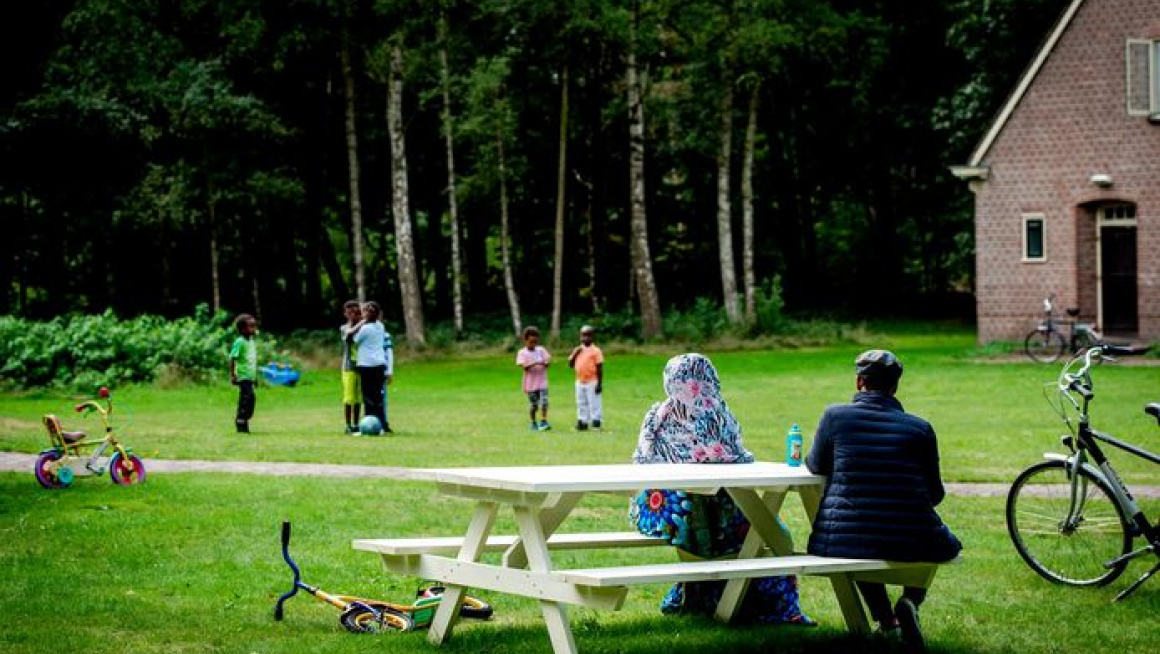 grasveld met spelende kinderen en  een ouder stel op picknicktafel