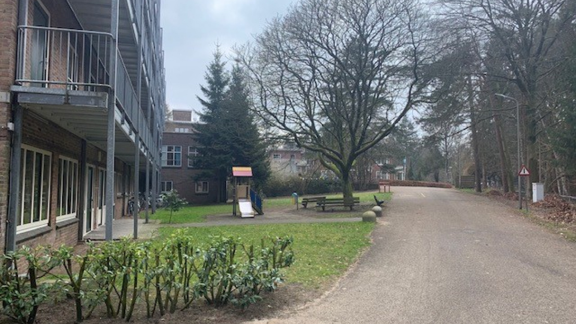 buitenterrein met woongebouw, grasveldje met speeltoestel, bankjes, bomen, struiken en een weg