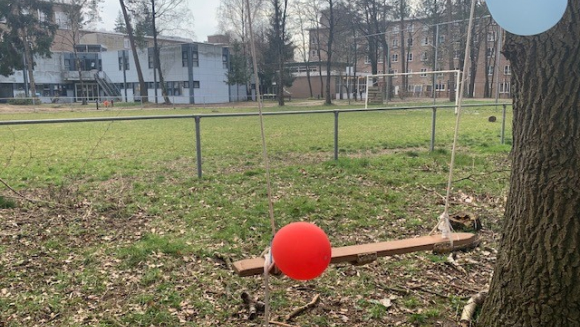 Schommel aan een boom met daaraan een oranje balon en op de achtergrond een voetbalveld, gebouwen en bomen