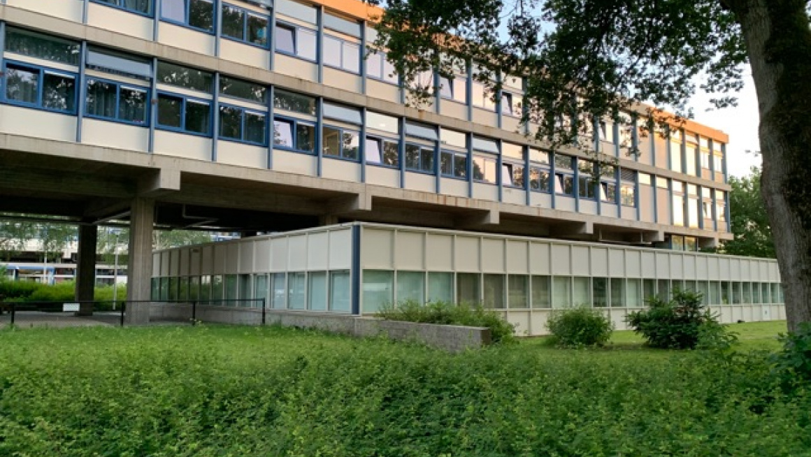 Buitenkant kantoor-/woongebouw met gras en struiken ervoor