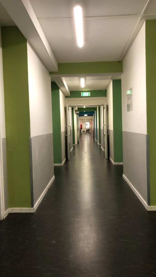 gang met groene en witte muren, donkergrijze vloer en blauwe deur