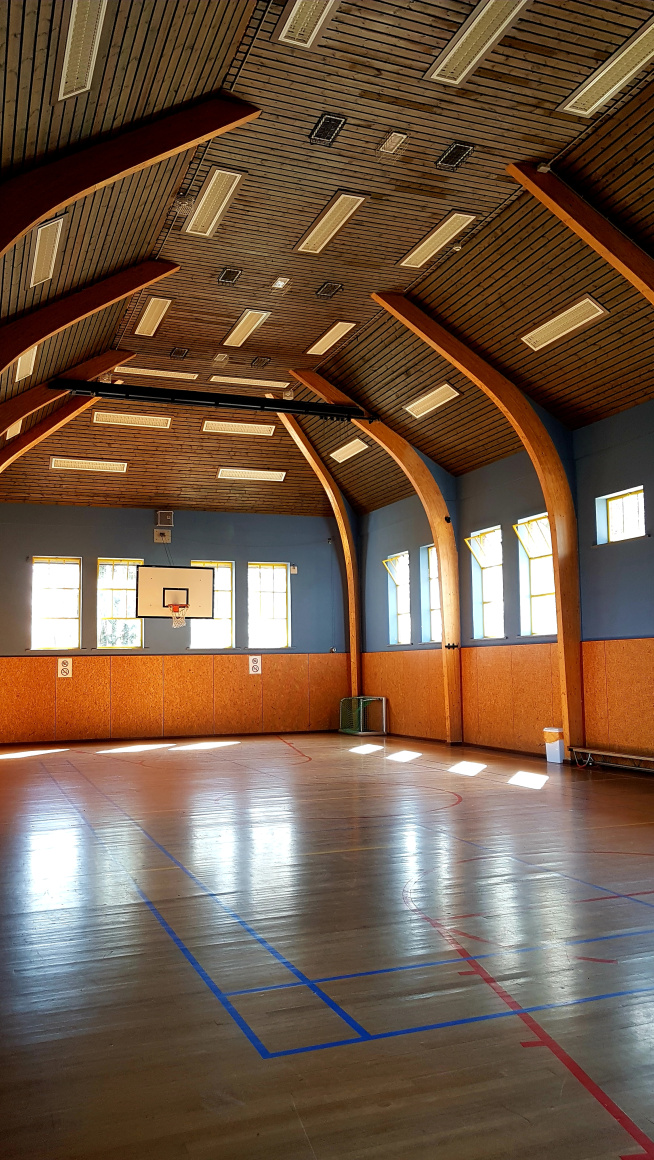 Sportzaal met houtenvloer met strepen in rood en blauw, muren in geel en blauw en een basket aan de muur