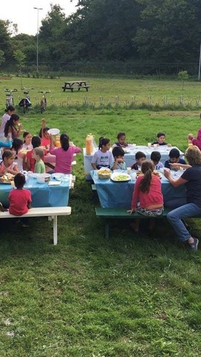 Een grasveld met daarop vier gedekte picknicktafels met kinderen en begeleiding die samen als kinderactiviteit eten