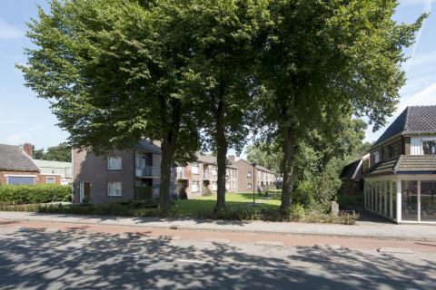 woongebouwen met twee verdiepingen met rondom gras, struiken en bomen en daarlangs een weg met fietspad